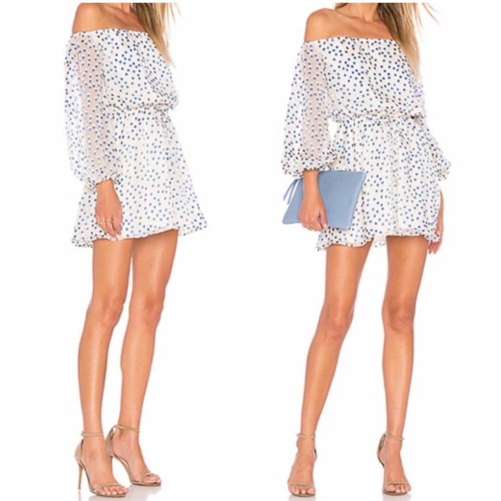 Lovers + Friends World Traveler Off-Shoulder Mini Dress White Blue Polka Dot S